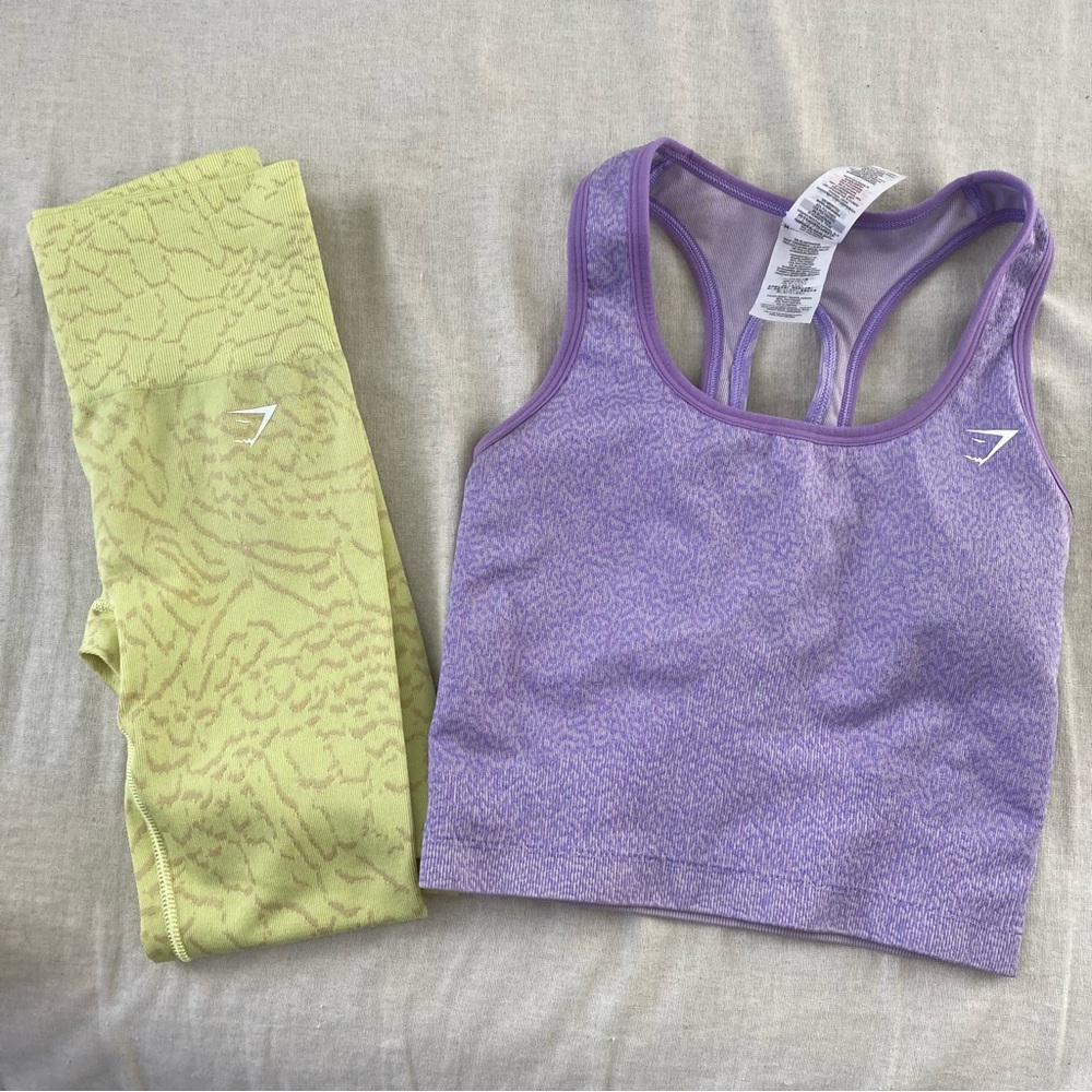 Gymshark Adapt Animal Purple Sports Bra and Yellow Leggings Set of 2
